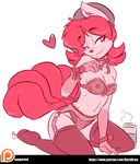  &lt;3 2015 4_fingers anthro beret beverage bow breasts clothing coffee duckdraw female food garter_straps gloves_(marking) hair hat ivanna kneeling legwear lingerie markings monochrome nintendo patreon pok&eacute;mon red_eyes red_hair simple_background smile solo stockings video_games vulpix white_background 