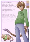  anthro blue_eyes blush brown_fur brown_hair cane cat chibi clothed clothing disabled egging_(artist) english_text feline fur hair jeans male mammal model_sheet open_mouth paws purple_background scarf simple_background smile standing text 