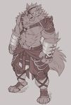  abs anthro armor bandage biceps big_muscles canine chest_tuft claws clothed clothing eye_patch eyewear fluffy fur grin half-dressed looking_at_viewer male mammal monochrome muscular muscular_male navel pads pants pecs pubes scar solo standing takemoto_arashi toe_claws topless tuft wolf 