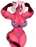  anthro big_breasts bra breasts clothing feline female fur hair half-closed_eyes inner_ear_fluff looking_at_viewer mammal merrymaladies muscular navel panties pink_fur simple_background smile solo standing three-quarter_portrait tiger underwear white_background white_hair wide_hips 