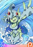  armpits breasts chibby cleavage clothed clothing digimon digimon_frontier female fingerless_floves green_skin headgear looking_at_viewer maniacpaint monster_girl navel navel_cutout oddmachine perspective ranamon red_eyes solo water whirlpool wide_hips wink 