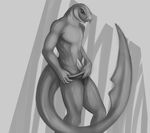  anthro clothed clothing dolphinwarrior fish gills greyscale grin half-dressed hemipenes looking_at_viewer marine monochrome multi_penis muscular penis shark tapering_penis thick_tail underwear undressing 