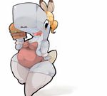  blonde_hair bunny_costume burger cetacean cleavage clothed clothing drooling female food hair mammal marine open_mouth overweight pearl_krabs saliva shamelesss solo thick_thighs whale 