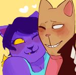  &lt;3 affection ask-burgerpants blush burgerpants cat catty_(undertale) cleavage clothed clothing duo feline female hair happy jacket male mammal one_eye_closed purple_hair smile spikes undertale video_games 