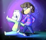  2015 ambiguous_gender anthro asriel_dreemurr brown_hair caprine clothed clothing duo eyes_closed frisk goat hair hi_res horn human long_ears male mammal pose skecchiart sparkles splits spread_legs spreading undertale video_games 