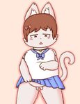  2015 anthro blush brown_hair cat_bell clothing crossdressing feline fur hair male mammal penis red_eyes school_uniform simple_background solo ultramanultrax uniform 