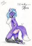  2011 anthro blue_fur blue_hair breasts canine clothed clothing collar female firetally fur hair half-closed_eyes half-dressed inner_ear_fluff kneeling looking_back mammal panties seductive simple_background smile solo traditional_media_(artwork) underwear white_background wolf 