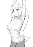  arms_up blush breasts covered_nipples frown greyscale gundam gundam_tekketsu_no_orphans kudelia_aina_bernstein large_breasts long_hair long_sleeves monochrome ponytail ribbed_sweater solo sweater turtleneck ueyama_michirou 