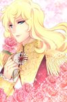  aiguillette bad_id bad_pixiv_id blonde_hair blue_eyes epaulettes eyelashes flower long_hair mero_(mero_2015_04) military military_uniform oscar_francois_de_jarjayes parted_lips pink_flower pink_rose rose solo sparkle uniform versailles_no_bara 