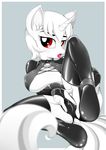  2015 anthro big_breasts blush boots breasts clothing equine fan_character female footwear fur hair hi_res horn horse legwear looking_at_viewer mammal my_little_pony open_mouth red_eyes rubber short_hair sitting solo thick_thighs thigh_high_boots thigh_highs tight_clothing tongue under_boob unicorn white_fur white_hair ya-ya-tan 