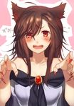  animal_ears blush brooch brown_hair claw_pose dress fangs fingernails imaizumi_kagerou jewelry kikugetsu long_fingernails looking_at_viewer nail_polish off_shoulder open_mouth pink_background red_eyes solo text_focus touhou upper_body wolf_ears 