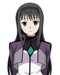  :&lt; akemi_homura arms_behind_back bangs black_hair black_hairband blush celestial_being_uniform cosplay cropped_jacket frown gundam gundam_00 hairband jacket long_hair looking_at_viewer mahou_shoujo_madoka_magica open_clothes open_jacket purple_eyes seiran_kai solo transparent_background turtleneck upper_body 