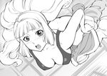  ass blush breasts butt_crack cleavage collarbone dressing embarrassed floating greyscale gundam gundam_tekketsu_no_orphans kudelia_aina_bernstein large_breasts long_hair monochrome open_mouth solo spacesuit sports_bra sweatdrop ueyama_michirou 