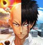  2015 bald before_and_after black_hair bleeding blood blue_sky building cape cloud day glaring looking_at_viewer male_focus meteor one-punch_man portrait red_sky saitama_(one-punch_man) scowl shiny sky solo spiked_hair split_image split_theme tsukinopandaaa 