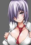 baron_suzuki breasts cleavage fate/grand_order fate_(series) grey_background hair_over_one_eye heart heart-shaped_pupils highres large_breasts mash_kyrielight open_clothes open_shirt purple_hair shirt short_hair simple_background solo symbol-shaped_pupils wavy_mouth 