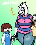  anthro badassbaal breasts clothing duo english_text female frisk happy human mammal protagonist_(undertale) shopping smile tagme text thick_thighs toriel undertale video_games 