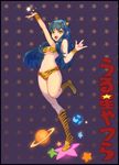  animal_print bad_id bad_pixiv_id bare_shoulders bikini black_border blue_hair boots border breasts earth fang green_eyes highres horns long_hair lum medium_breasts na_in-sung navel open_mouth planet pointy_ears saturn solo star strapless swimsuit tiger_print underboob urusei_yatsura 
