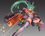  armor ass_visible_through_thighs beam_rifle black_gloves breasts charging cleavage clenched_teeth covered_navel dual_wielding energy_gun fingerless_gloves g.haruka gloves gradient gradient_background green_hair grey_background gun handgun holding holding_gun holding_weapon leotard light_particles long_ponytail looking_down mecha_musume navel open_mouth original pose simple_background skin_tight small_breasts solo teeth thighs weapon 