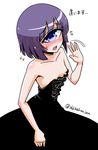  bare_arms bare_shoulders black_dress blue_eyes blush bob_cut breasts collarbone cyclops dress eyebrows_visible_through_hair flying_sweatdrops hand_up manako monster_musume_no_iru_nichijou motion_lines one-eyed open_mouth purple_hair shake-o simple_background small_breasts solo standing sweatdrop translation_request twitter_username white_background 