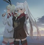  adapted_costume alternate_hairstyle amatsukaze_(kantai_collection) baozi blonde_hair blue_sky breasts brown_eyes closed_eyes cloud eating food garter_straps hair_ribbon hand_in_pocket hayashi_kewi jacket kantai_collection long_hair long_sleeves looking_at_viewer multiple_girls ocean ribbon scarf shimakaze_(kantai_collection) silver_hair sky small_breasts striped striped_legwear sunset thighhighs twintails very_long_hair walking zettai_ryouiki 