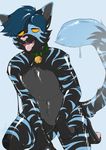  2015 anthro bell blue_hair blue_stripes cat collar feline goo hair hypnosis liquid male mammal mind_control nude open_mouth rinukitty rubber shiny sige simple_background smile solo stripes tongue tongue_out 
