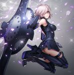  armor ass bangs boots elbow_gloves fate/grand_order fate_(series) from_side full_body gloves grey_background hair_over_one_eye high_heel_boots high_heels jewelry lens_flare looking_at_viewer mash_kyrielight masin0201 panties purple_eyes shield short_hair silver_hair sleeveless solo thigh_strap thighhighs underwear weapon 