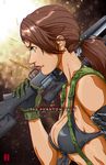  blue_eyes breasts cleavage commentary front-tie_top gun jeff_martinez large_breasts lips metal_gear_(series) metal_gear_solid_v over_shoulder ponytail quiet_(metal_gear) rifle sniper_rifle solo weapon weapon_over_shoulder 