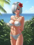  arms_behind_back beach bikini blue_eyes blue_sky blurry bokeh breasts cleavage cowboy_shot day depth_of_field eno_ti_deng flower hair_flower hair_ornament hair_over_one_eye hairclip hamakaze_(kantai_collection) hibiscus highres kantai_collection large_breasts light_smile looking_at_viewer md5_mismatch navel outdoors palm_tree short_hair silver_hair sky solo strap_gap swimsuit tree tree_branch white_bikini 