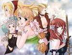  2girls armor armored_dress belt bird blonde_hair breasts dress earrings gloves green_eyes gustaf jacket jewelry large_breasts long_hair looking_at_viewer maronee_san meythia multi-tied_hair multiple_boys multiple_girls primiera_(saga) red_hair roberto saga saga_frontier saga_frontier_2 shirtless staff sunset tree virginia_knights white_hair 