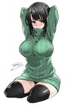  arms_behind_head arms_up artist_name black_hair black_legwear black_panties blush breasts covered_nipples green_sweater highres impossible_clothes impossible_sweater kantai_collection large_breasts panties red_eyes ribbed_sweater short_hair signature sketch solo sweater tachibana_roku takao_(kantai_collection) thighhighs thighs turtleneck turtleneck_sweater underwear 