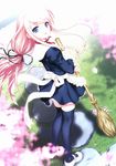  black_legwear black_ribbon blue_eyes broom cherry_blossoms grass hair_ribbon highres imageboard_sample jpeg_artifacts kasukabe_akira long_hair looking_at_viewer maid mary_janes outdoors pink_hair ribbon sakura_nanako sakura_sakura shoes solo thighhighs 