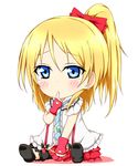  ayase_eli bangs black_footwear blonde_hair blue_eyes blush bokura_wa_ima_no_naka_de bow chibi earrings finger_to_mouth fingerless_gloves frills gloves hair_bow heart_cutout jewelry karamoneeze love_live! love_live!_school_idol_project necktie ponytail red_bow red_skirt shoes sitting skirt solo tears tie_clip white_background 