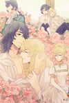  1girl andre_grandier aya_(pixiv15010469) black_hair blonde_hair closed_eyes couple flower formal hetero oscar_francois_de_jarjayes outdoors pink_flower pink_rose rose short_hair sleeping touching tree under_tree versailles_no_bara younger 