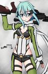  anti-materiel_rifle aqua_hair blue_eyes fingerless_gloves gloves gun pgm_hecate_ii ppshex rifle short_hair short_shorts shorts sinon sniper_rifle solo standing sword_art_online weapon 