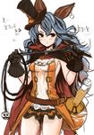  animal_ears bad_id bad_pixiv_id beaker black_gloves black_skirt blue_hair blush breasts bunny_ears cape cat_ears cleavage erune ferry_(granblue_fantasy) gloves granblue_fantasy halloween halloween_costume hat holding hoshitetsu_ringo jewelry long_hair medium_breasts microskirt mini_hat mini_top_hat popped_collar red_eyes simple_background single_earring skirt solo top_hat wavy_hair whip white_background 