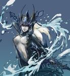  aa2233a breasts cleavage headpiece large_breasts league_of_legends mermaid monster_girl nami_(league_of_legends) red_eyes scales solo staff water 