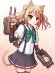  animal_ears blonde_hair cat_ears cat_tail double_bun green_eyes gun kantai_collection kemonomimi_mode long_hair michishio_(kantai_collection) rizuriri school_uniform solo suspenders tail twintails weapon 