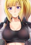  black_gloves blonde_hair breasts cleavage collarbone gloves gundam gundam_tekketsu_no_orphans jacket kanden_suki kudelia_aina_bernstein large_breasts looking_at_viewer open_clothes open_jacket purple_eyes solo sweat tank_top upper_body 