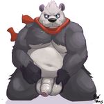  2015 anthro balls bandanna bear biceps big_balls bin_(artist) chubby erection humanoid_penis kneeling looking_at_viewer male mammal musclegut muscular nintendo nude panda pangoro penis pok&eacute;mon scarf solo uncut video_games 