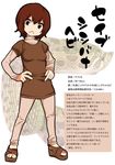  :&lt; animal brown_hair brown_shirt closed_mouth eyebrows eyebrows_visible_through_hair full_body gujira hands_on_hips long_sleeves looking_at_viewer no_legwear no_nose pants partially_translated personification sandals scales shirt snake solo sweater text_focus translation_request v-shaped_eyebrows 
