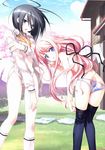  ass black_hair black_legwear black_ribbon blue_eyes convenient_arm covering covering_breasts day hair_ribbon highres imageboard_sample jpeg_artifacts kasukabe_akira long_hair looking_at_viewer multiple_girls open_clothes open_shirt outdoors panties pink_hair ribbon sakura_nanako sakura_sakura shirt socks thighhighs topless underwear underwear_only white_legwear white_panties 