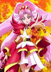  akagi_towa belt bracelet choker cowboy_shot cure_scarlet detached_sleeves earrings fire go!_princess_precure hanzou jewelry long_hair magical_girl orange_background outstretched_hand pink_hair pointy_ears precure quad_tails red_eyes red_sleeves skirt smile solo 