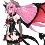  bare_shoulders black_legwear black_panties bochi_(yamakan) breasts cleavage clenched_hand coattails commentary demon_girl demon_horns demon_tail demon_wings detached_collar elbow_gloves fingerless_gloves gloves horns long_hair looking_afar medium_breasts no_pants original panties pink_hair pointy_ears red_eyes revealing_clothes ribbon scowl side-tie_panties simple_background solo succubus tail thighhighs underwear very_long_hair white_background wind wings 