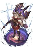  armor axe bangs black_legwear boots cape draph from_above full_body gauntlets granblue_fantasy grey_hair hair_between_eyes hand_on_hip high_heel_boots high_heels holding holding_weapon horns kotoribako legs_apart long_hair long_sleeves looking_at_viewer magic over_shoulder pleated_skirt purple_eyes skirt smile solo standing thalatha_(granblue_fantasy) thighhighs weapon weapon_over_shoulder 