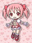  :d blush bow buttons chibi choker commentary_request cross-laced_footwear dress gem gloves hair_bow haru_kanata heart heart_background highres jewelry kaname_madoka looking_at_viewer magical_girl mahou_shoujo_madoka_magica open_mouth outline outstretched_arms pink_background pink_dress pink_legwear puffy_short_sleeves puffy_sleeves red_bow red_eyes shadow short_hair short_sleeves smile socks solo two_side_up white_gloves 