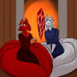  anthro black_nose blue_eyes breasts canine clothed clothing dreamspinner duo female fox foxenawolf fur hair krinele mammal molly_fullin multi_tail red_fur red_hair white_fur white_hair 