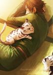  bayashiko brown_hair closed_eyes gokotai's_tigers highres lying male_focus on_floor on_side otegine sleeping solo tiger tiger_cub touken_ranbu twitter_username white_tiger 