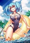  blue_eyes blue_hair breasts cleavage commentary_request innertube iron_cross kira_(artist) large_breasts long_hair one-piece_swimsuit open_mouth prinz_eugen_(zhan_jian_shao_nyu) red_eyes solo starfish swimsuit zhan_jian_shao_nyu 