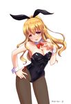  animal_ears blonde_hair bow bowtie breasts bunny_ears bunny_tail bunnysuit cleavage detached_collar empty_eyes fishnet_pantyhose fishnets granblue_fantasy highres large_breasts long_hair m-shiganai orange_eyes pantyhose ponytail solo tail vira_lilie wrist_cuffs 