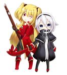  anne_bonny_(fate/grand_order) blonde_hair blue_eyes chibi cutlass_(sword) fate/grand_order fate_(series) full_body gun hair_between_eyes hairband hamirutomin long_hair mary_read_(fate/grand_order) multiple_girls one_eye_closed red_eyes ribbon rifle sword twintails weapon white_hair 